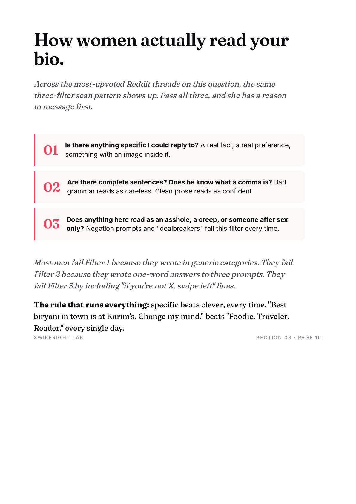 Sample page from the bio templates section: the Hinge prompt cheatsheet with USE and AVOID columns.